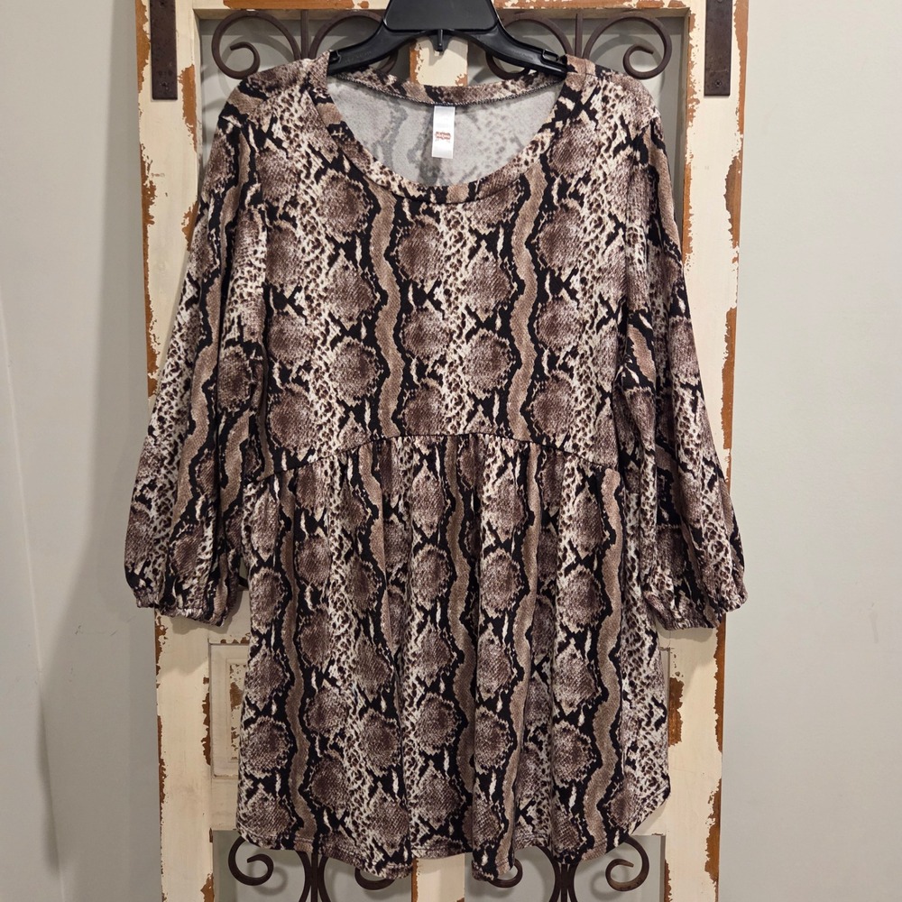 Jules & James Snakeskin Print Babydoll Tunic Top Brown Tan XL Balloon Sleeve